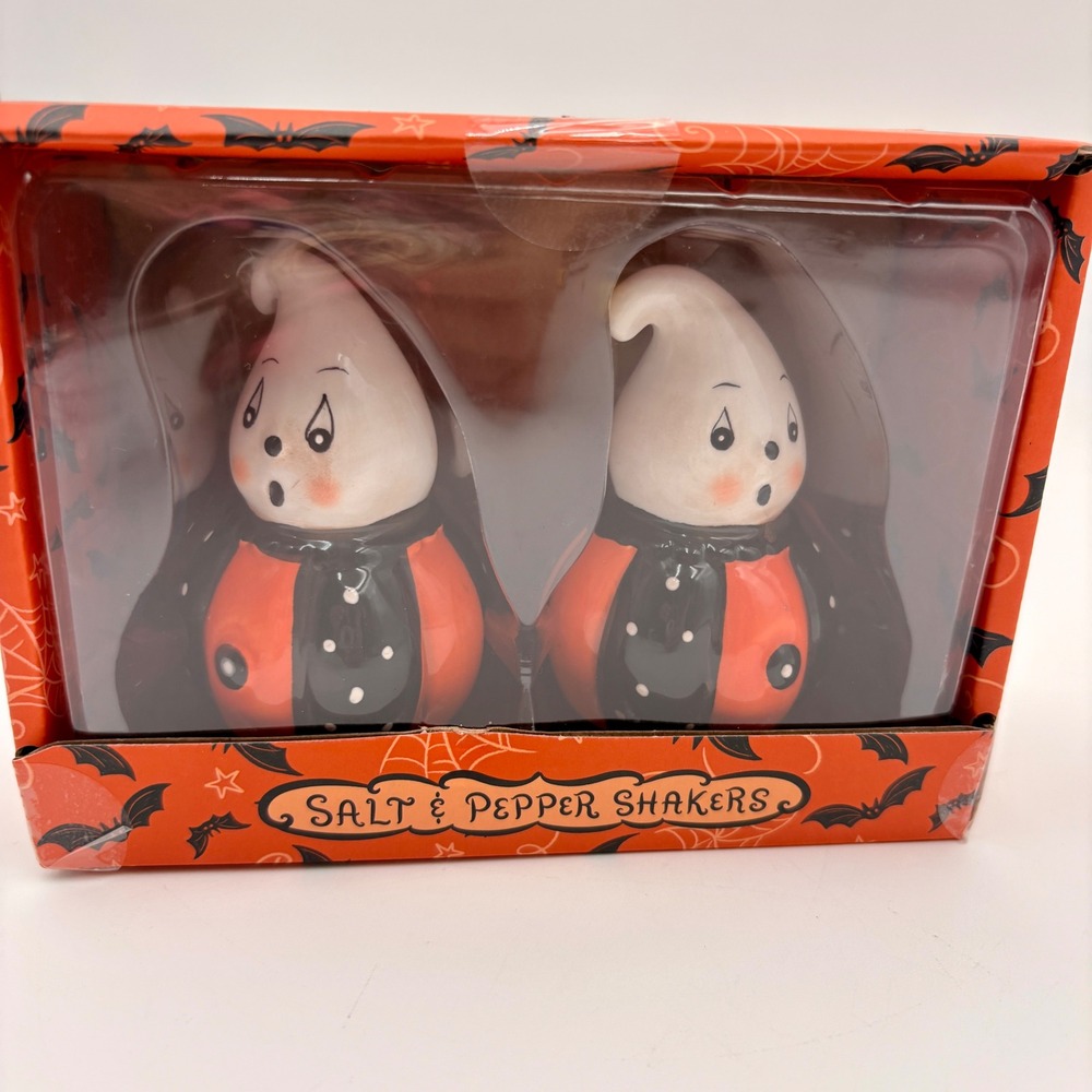 Johanna Parker Design Halloween Ghost Pumpkin Salt Pepper Shakers Set New Box
